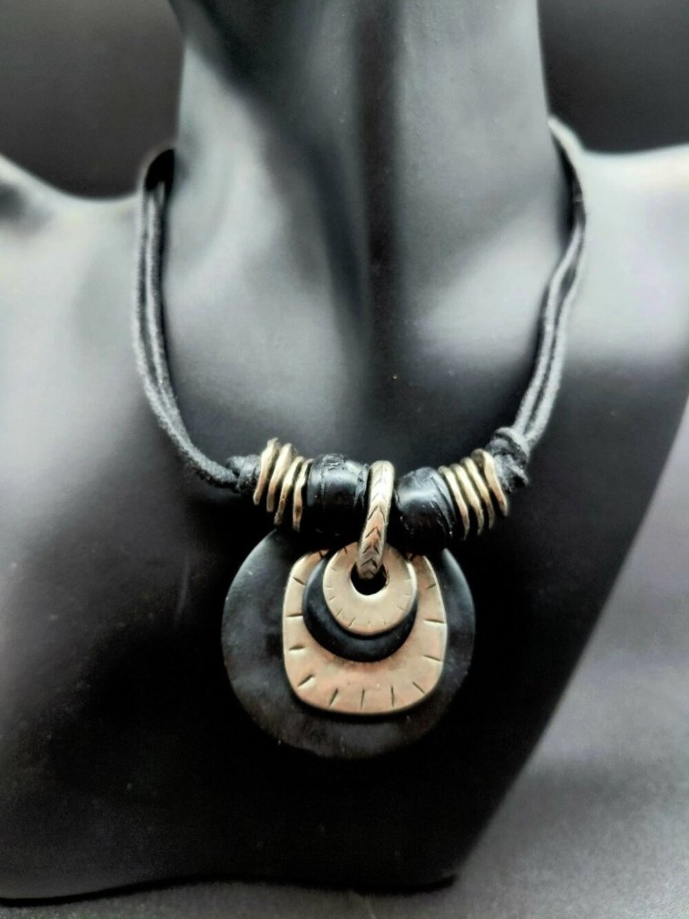 Silver Tone Disc Pendant Black Cord Necklace 14"-16" Costume Fashion Jewelry